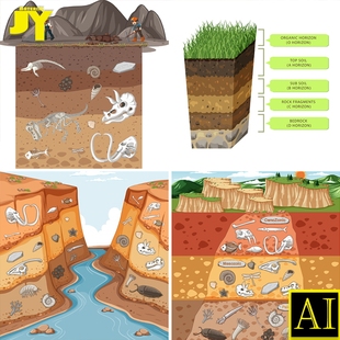 土地结构图表土壤矿石恐龙化石图案剖面岩层示意图矢量设计AI素材