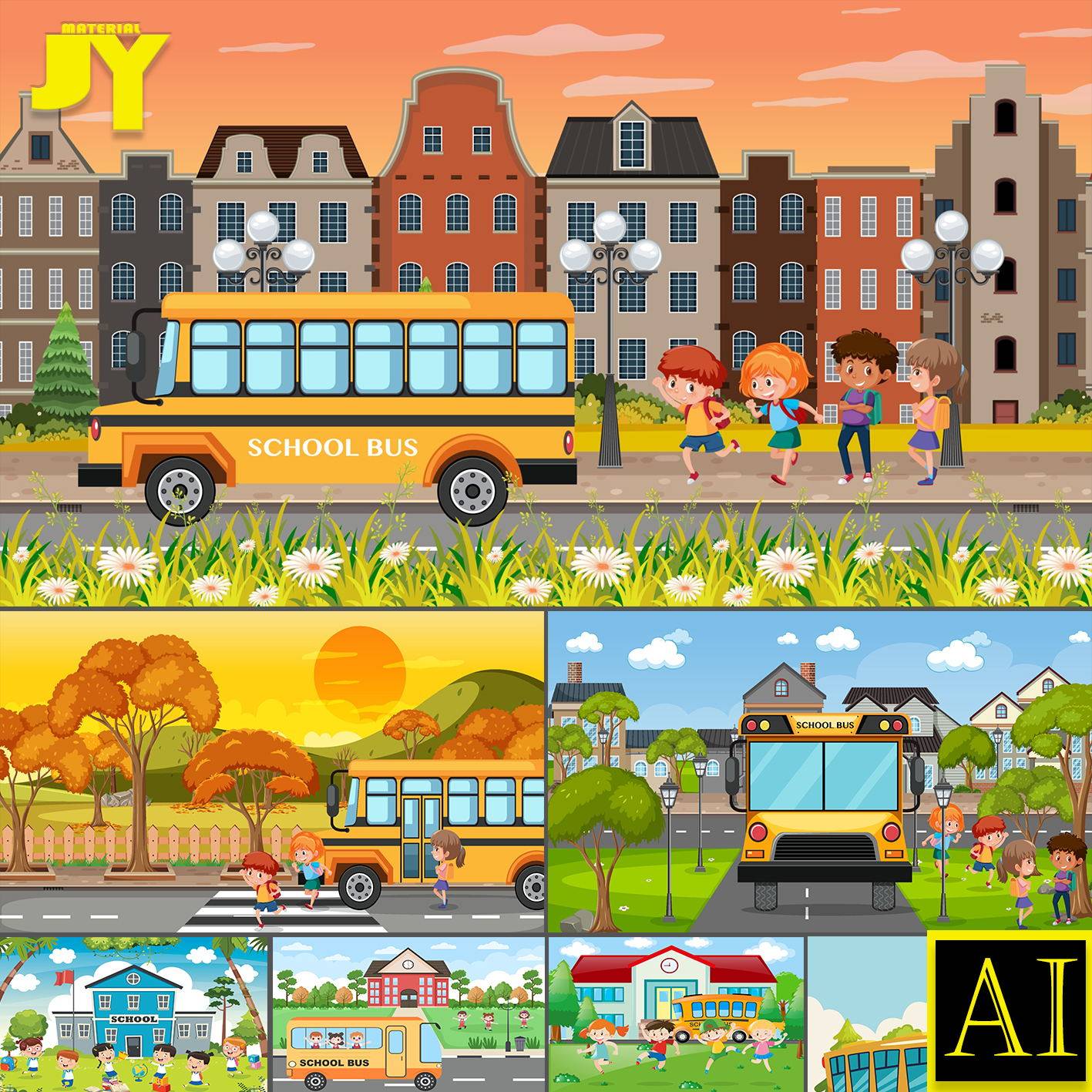 可爱卡通人物校园巴士学校建筑校园大巴车幼儿园学生海报插画素材