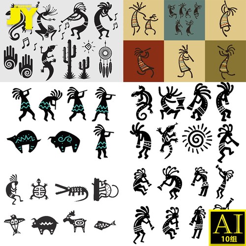 Kokopelli剪影矢量图设计素材部落民族人物黑白剪影壁虎仙人掌