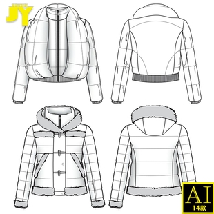 潮流时尚高端大衣羽绒服皮衣皮草款式手绘线稿设计模板矢量图素材