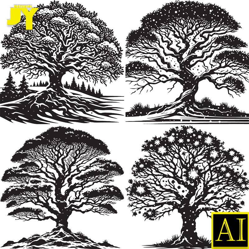 树木圣诞树植物树林大树松树树枝上有雪的树黑白剪影图案矢量素材