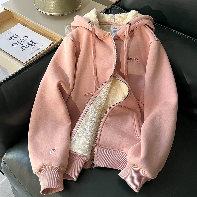 加绒加厚宽松版型连帽拉链外套