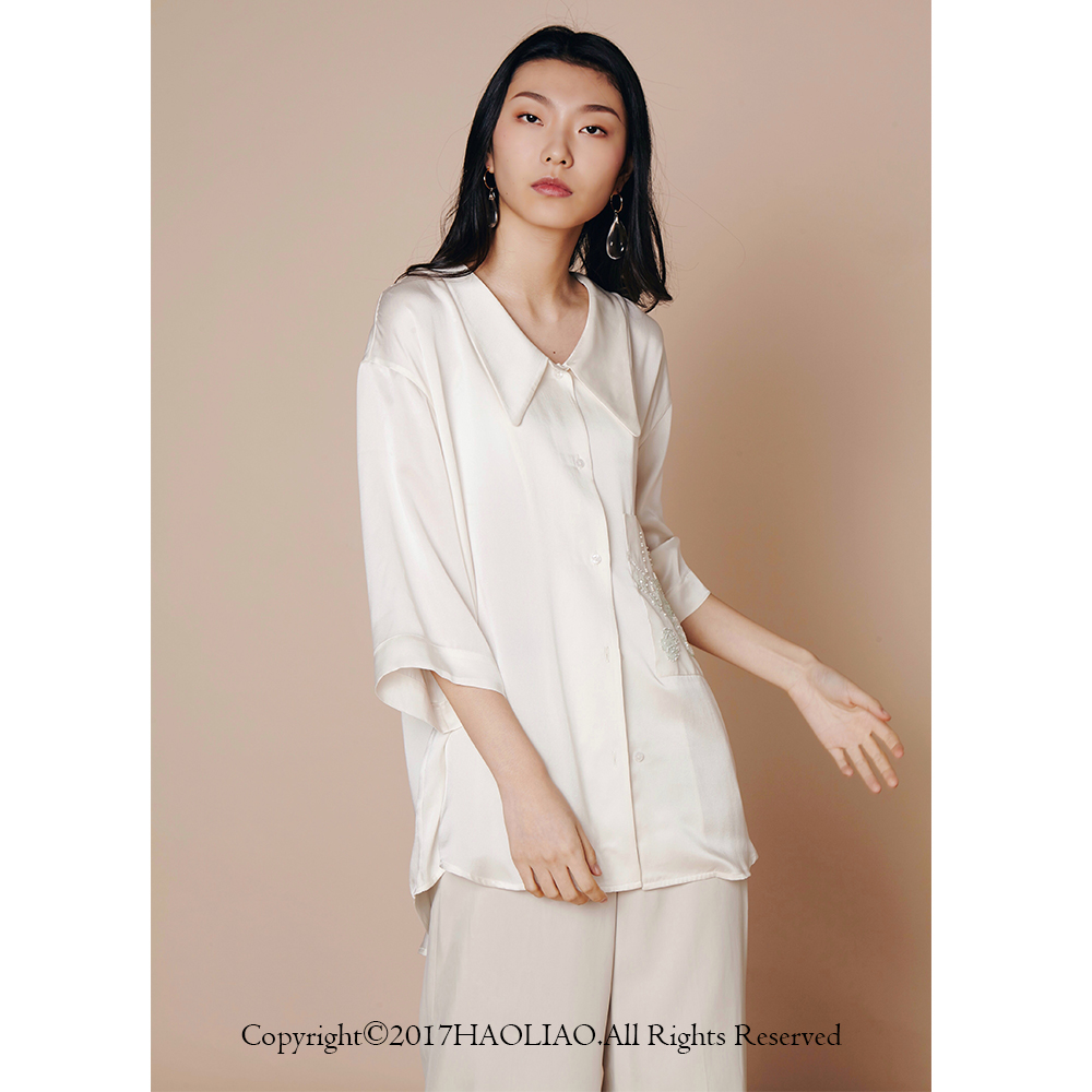 七分袖单口袋真丝手工刺绣衬衫