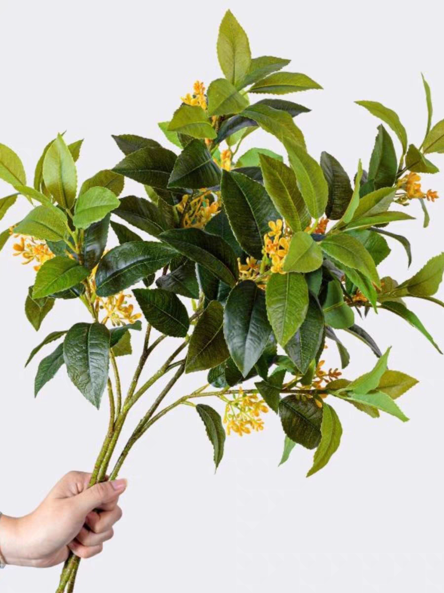 新款仿真桂花树叶长枝假树枝造景装饰叶落地金桂花摆件酒店餐厅花