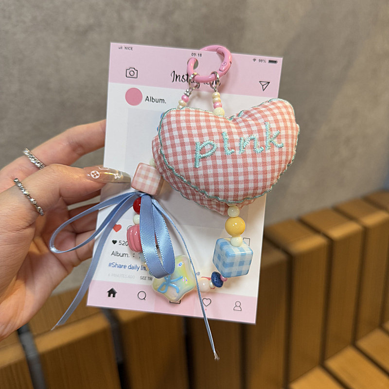ins韩国粉格子充棉爱心蝴蝶结链包挂件挂链少女甜美串珠创意