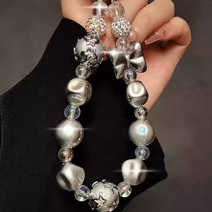 个性创意银色电镀水钻珠子手提链手腕短挂绳手机壳包包钥匙扣挂件