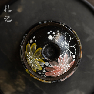 景德镇手绘花卉高雅陶瓷茶具套装三才盖碗单件带盖黑陶泡茶茶具
