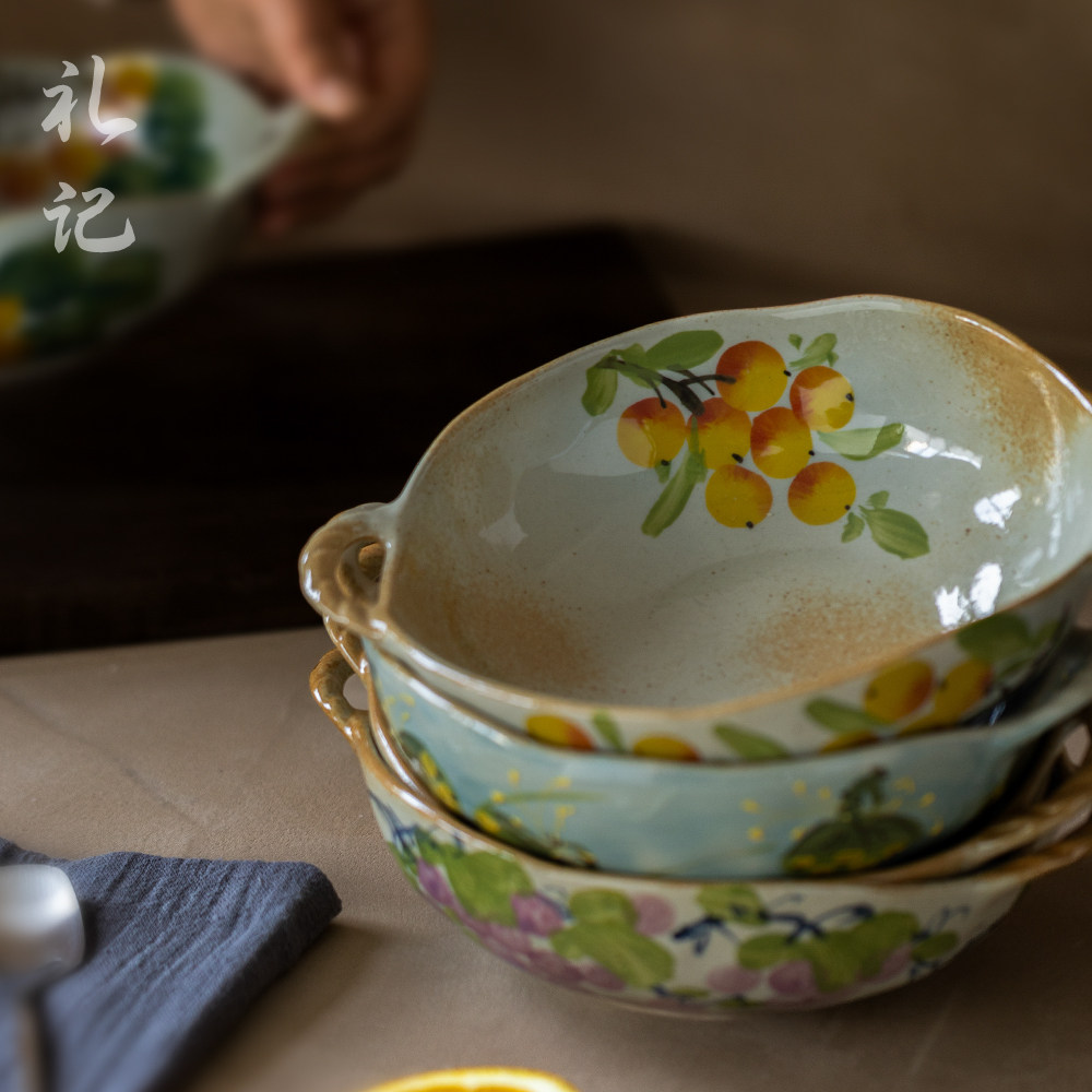 景德镇中式风格手绘陶泥双耳碗沙拉碗水果盘甜品意面碗拌饭碗