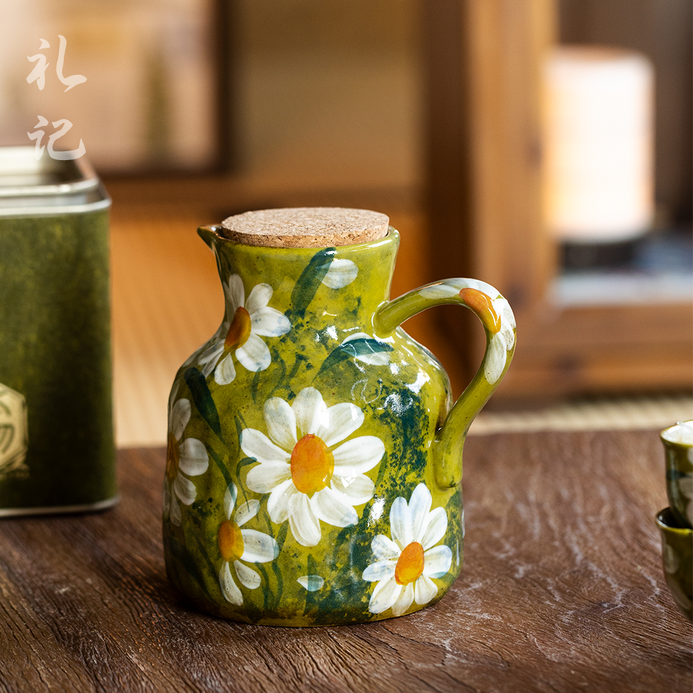 绿色雏菊陶瓷茶壶软木盖茶具植物系田园风景德镇高温釉下