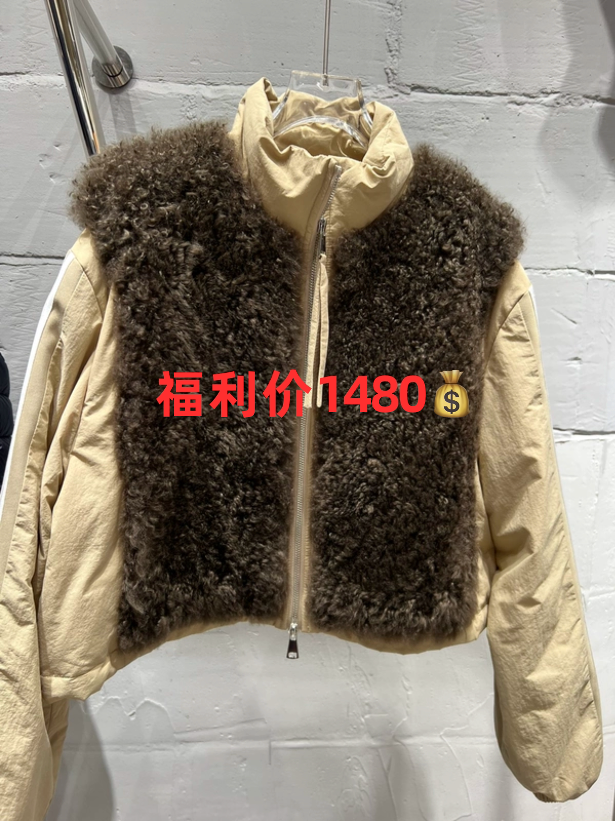 欧洲站2025冬季新款女立领双拉链袖条纹羊毛拼接白鹅绒服羽绒服