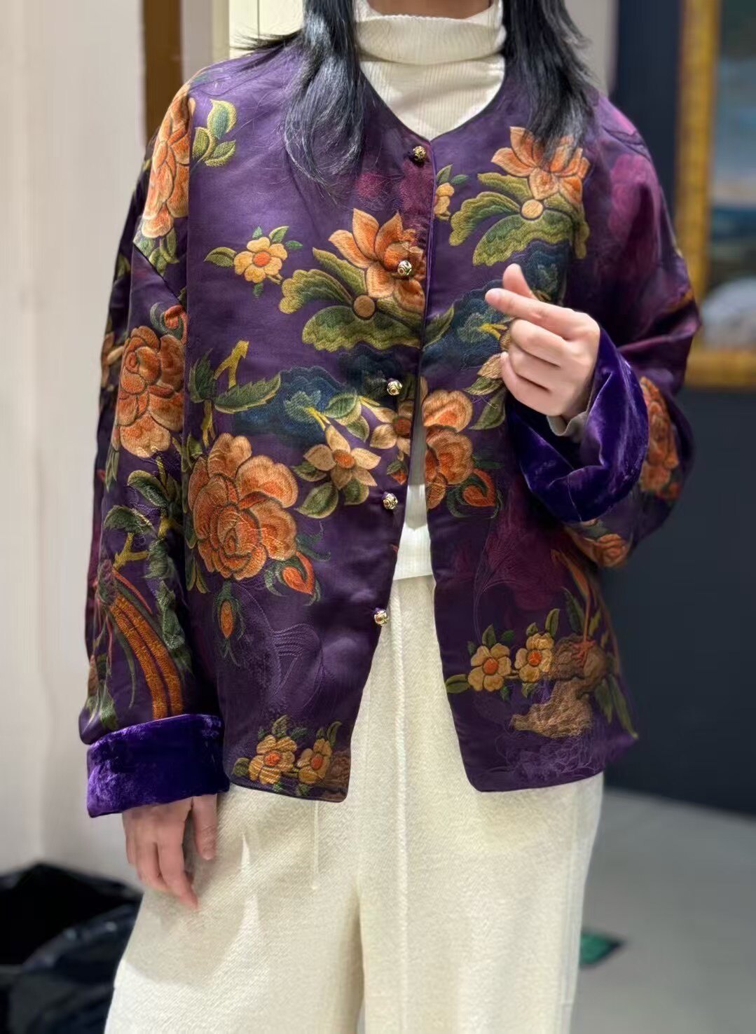 压轴拜年服紫气东来真丝丝绒加棉拼接高端宋锦两面可穿外套