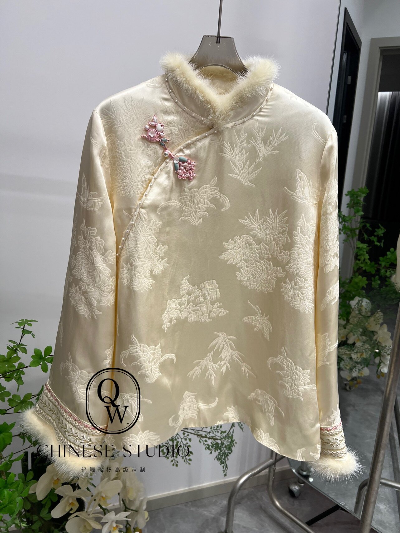现|【桂花小玉兔】优雅四君子提花花扣夹棉拼水貂毛棉服衬衫D6775