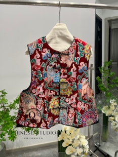 黑 2024新款 灰 米白 红 早秋丝毛缎莲枝凤凰马甲重工刺绣复古国风