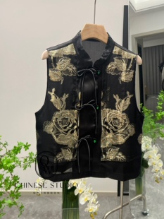 黑色高级感国潮风金线提花真丝马甲背心女盘扣新中式YM24054