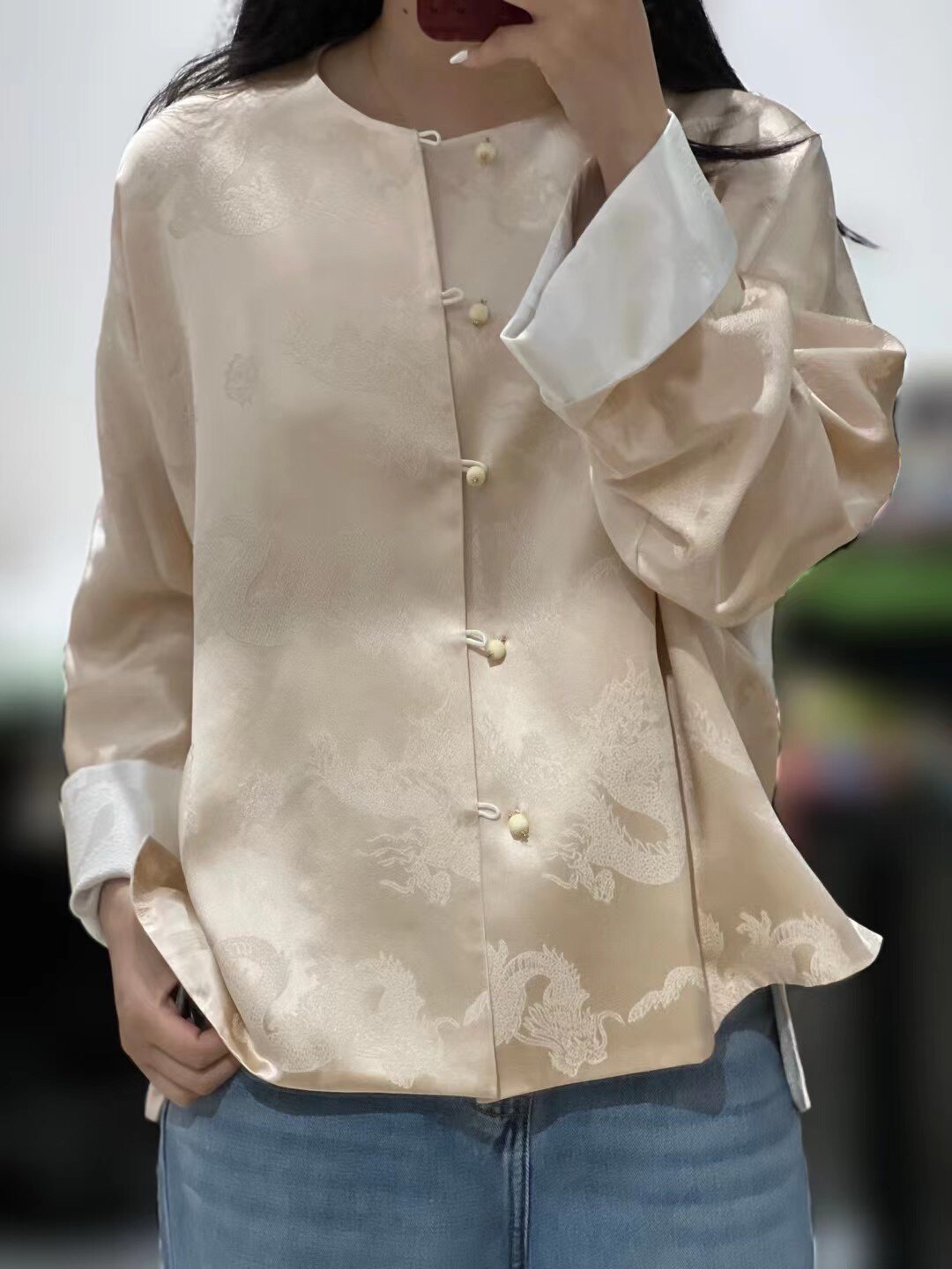 欧洲站2024春夏新款新中式国风唐装醋酸提花盘扣衬衫外套女