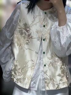 圆领无袖 实拍 新款 单排扣重工刺绣设计纯色马夹外套女2023年夏季