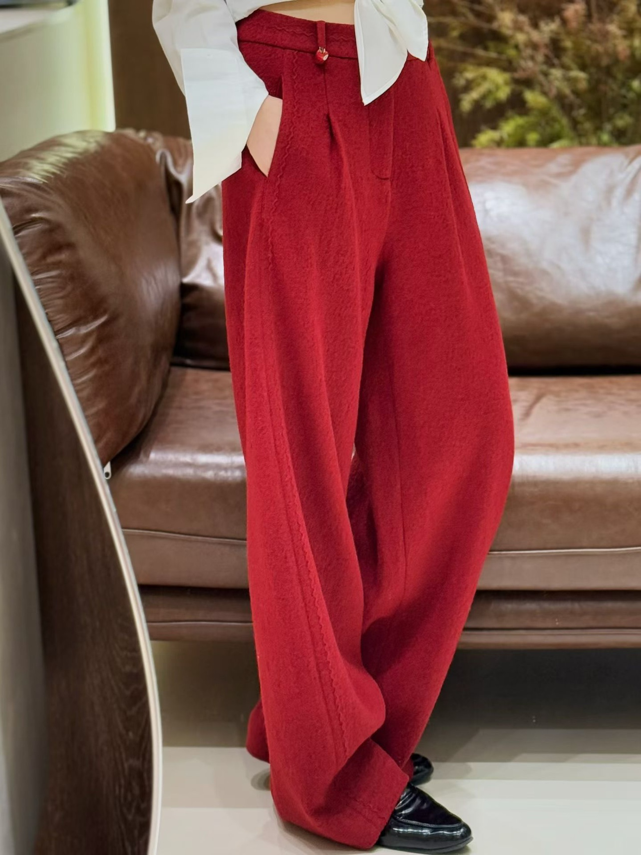 2025秋冬新款时尚高腰显瘦百搭羊毛直筒裤休闲裤女宽松羊毛裤