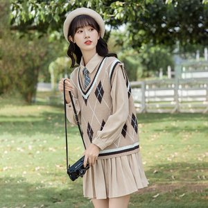 学院风减龄套装裙女2023秋季新款针织马甲背心衬衫连衣裙两件套潮
