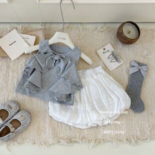 【咸柠七】原创!女童夏季大蝴蝶结灰色背心白色花苞短裤两件套