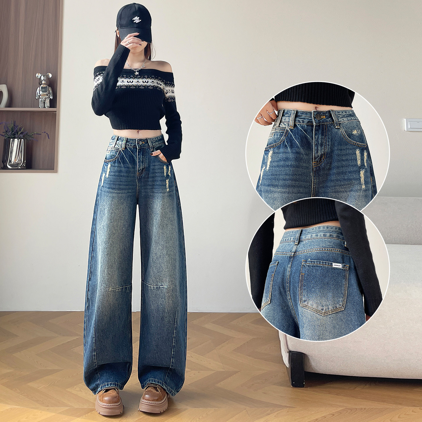 复古磨破弯刀牛仔裤女