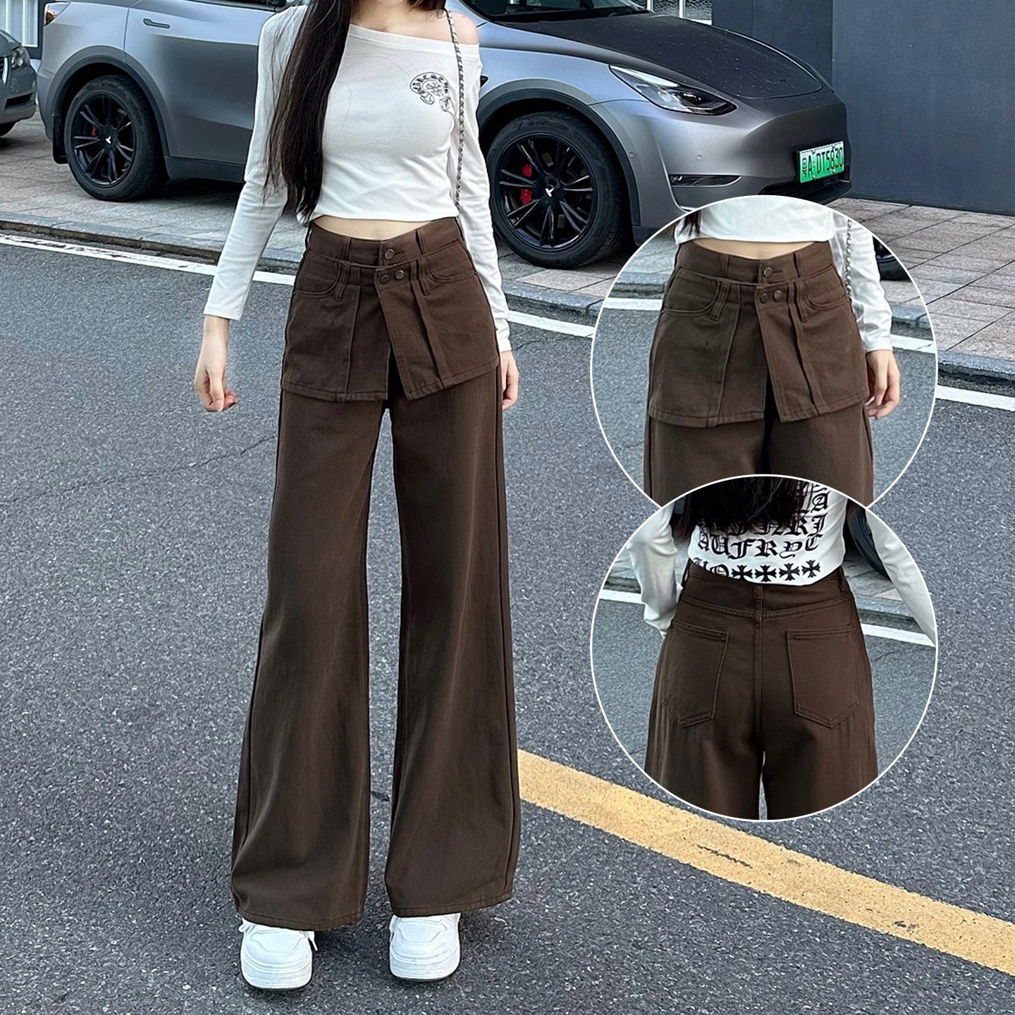 咖啡色假两件加绒阔腿牛仔裤女