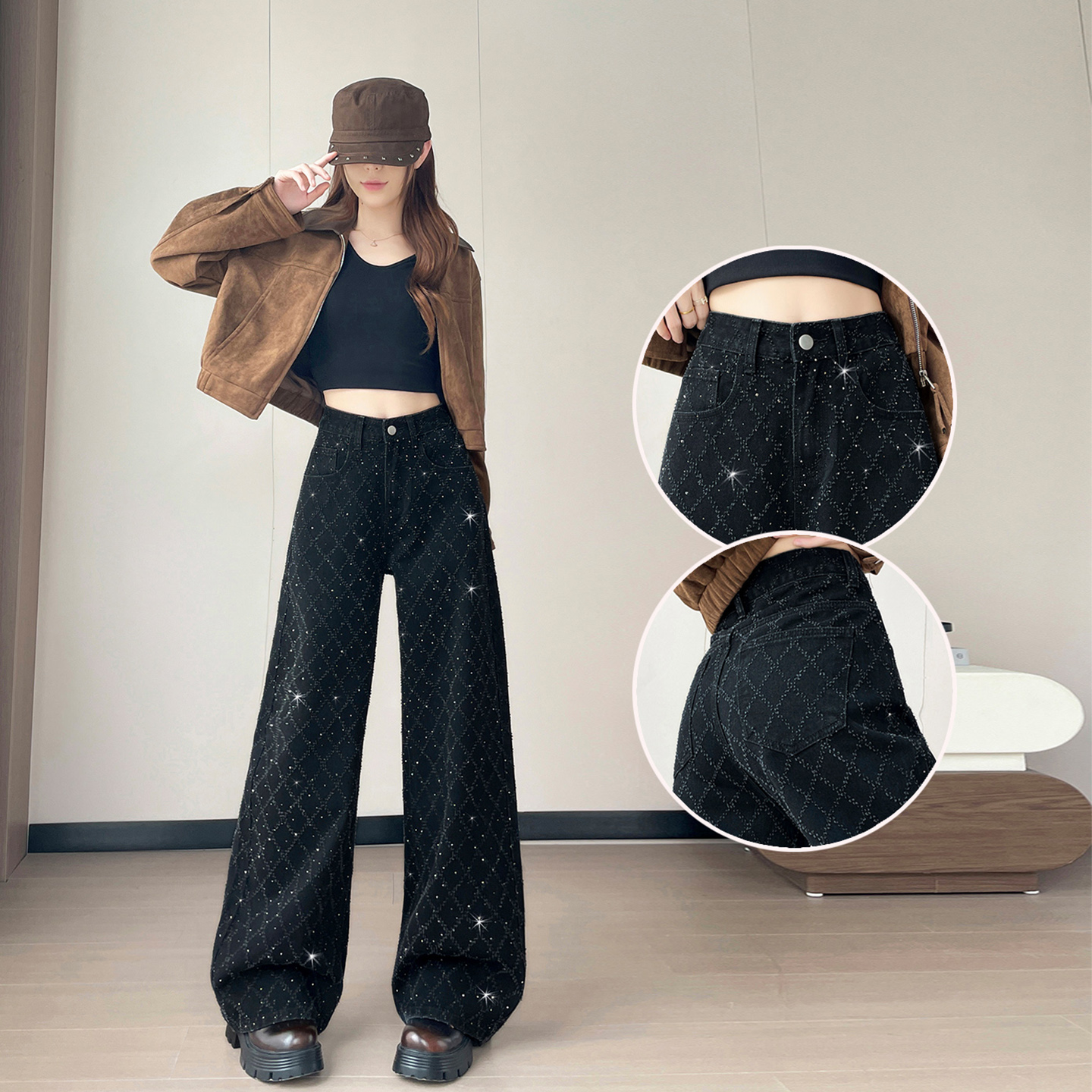 超火黑色编织带钻牛仔裤女