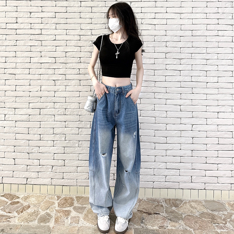 破洞弯刀阔腿牛仔裤女2025夏季薄款高腰显瘦设计感宽松垂感镰刀裤