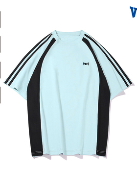 沃特复古撞色拼接圆领T恤男2025夏季新款学院风百搭半袖装