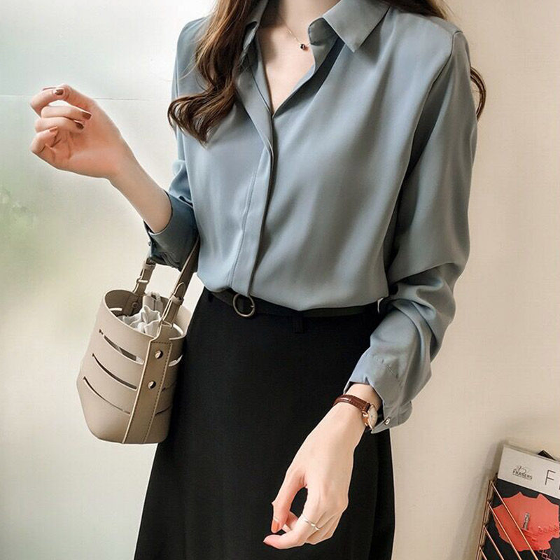 雾霾蓝衬衫女雪纺气质有垂感新款夏秋长袖盐系衬衣设计感小众上衣