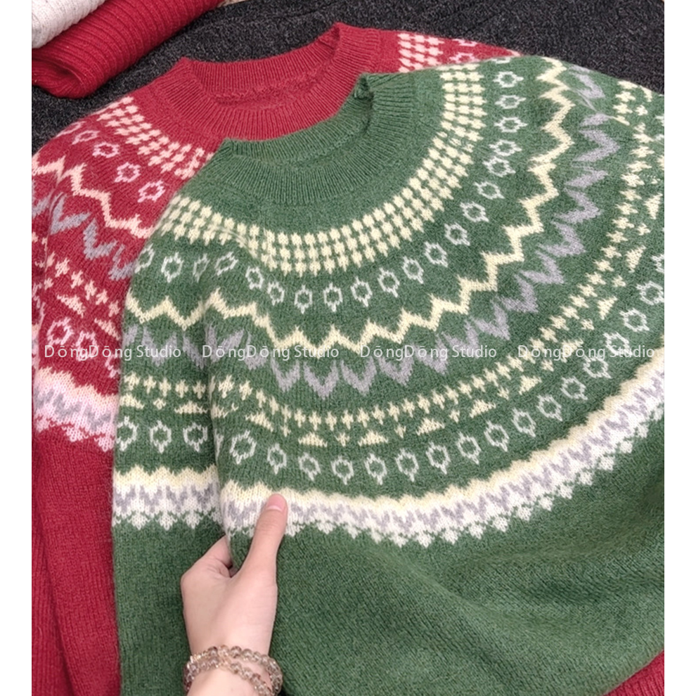 冬季新品[圣诞树]拉毛费尔岛提花圆领套头宽松长袖针织衫毛衣7119