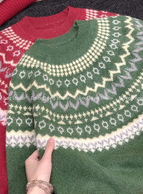冬季新品[圣诞树]拉毛费尔岛提花圆领套头宽松长袖针织衫毛衣7119