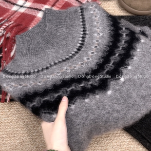 无缝全毛拉绒高领套头提花宽松长袖 格雷灰 针织毛衣2701 新品 冬季