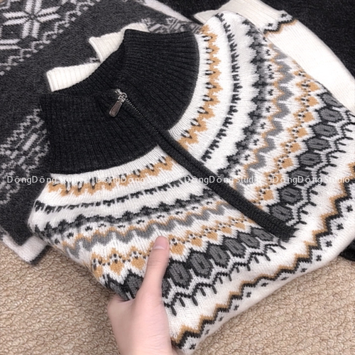 特！售完无补！费尔岛提花拉链半高领套头宽松长袖针织衫毛衣7111