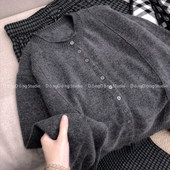 新品 设计感卷边圆领宽松长袖 针织开衫 秋季 纯色毛衣外套 KS419