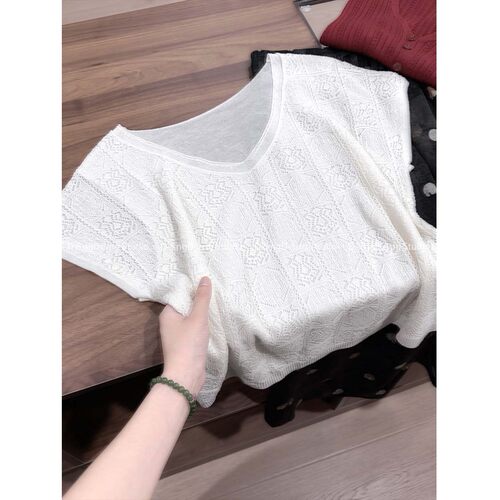 上身好看～/白蝴蝶/V领短袖针织衫女假两件【衣长56胸围100】8620