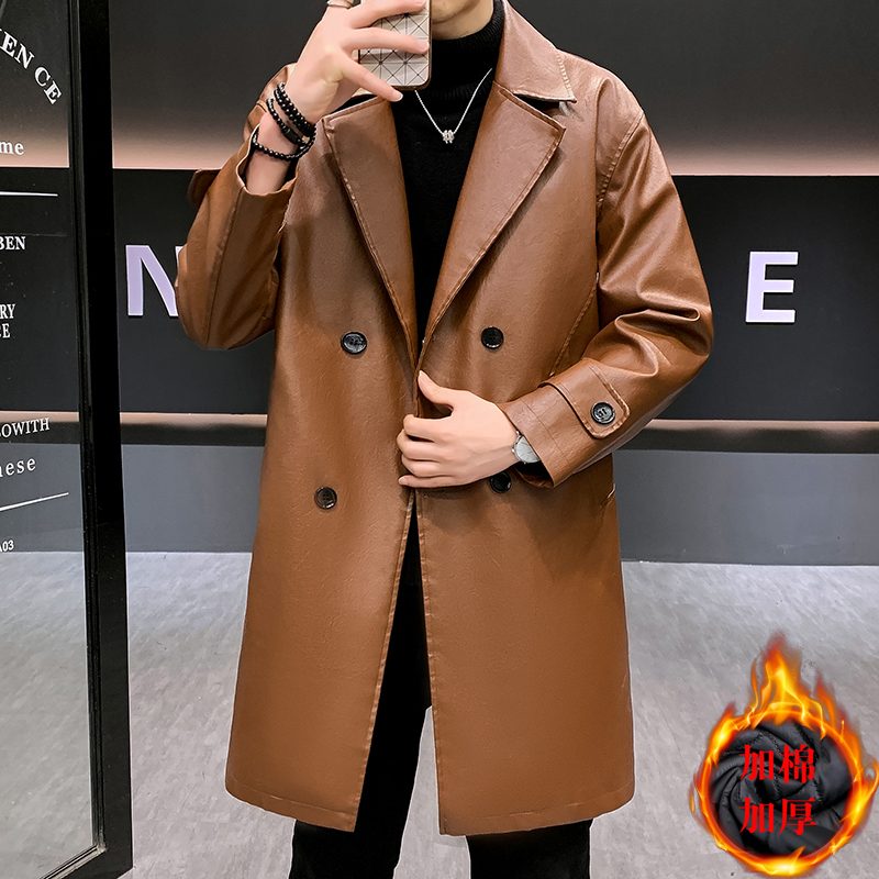 冬款男中长款皮衣风衣百搭PU潮男休闲男潮加棉加厚风衣西装领外套