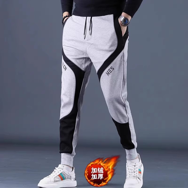 秋冬款灰色休闲男裤子韩版潮流加绒束脚长裤修身小脚刺绣运动裤潮