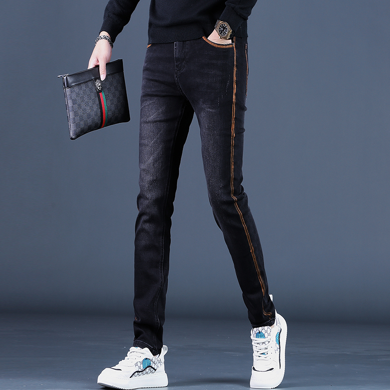 2025秋冬季新款黑色印花牛仔裤男潮修身紧身潮流休闲小脚裤子韩版