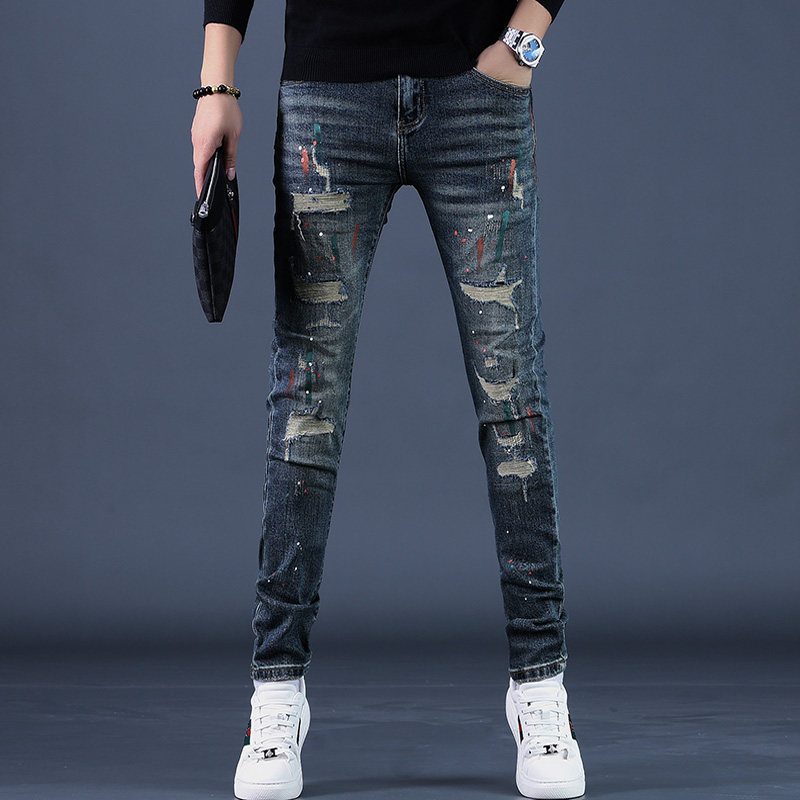 2025秋季印花破洞男士牛仔裤男潮牌修身百搭小脚休闲裤子韩版潮流 - 海豪森旗舰店出品