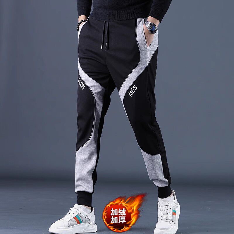 秋冬款黑色休闲男裤子韩版潮流加绒束脚长裤修身小脚刺绣运动裤潮