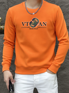 2025秋冬橙色爆款时尚百搭圆领卫衣印花潮牌修身显瘦休闲加绒上衣