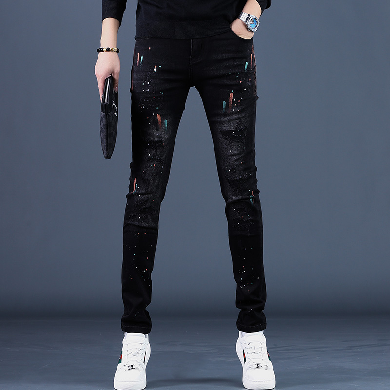 2025秋季黑色破洞男士牛仔裤男潮牌修身百搭小脚休闲裤子韩版潮流