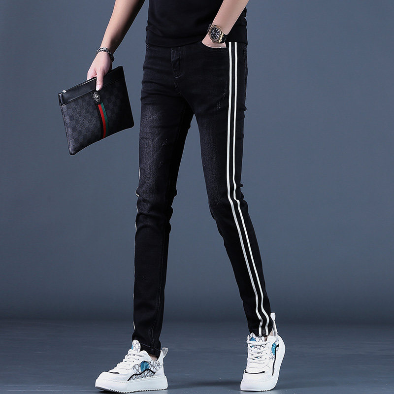 2025秋冬季新款黑色条纹牛仔裤男潮修身紧身潮流休闲小脚裤子韩版