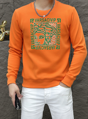 2025秋季橙色潮流时尚百搭圆领卫衣印花潮牌修身显瘦休闲帅气上衣