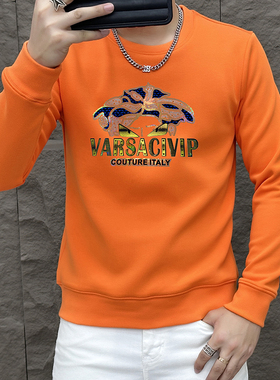 2025秋冬橙色潮流时尚百搭圆领卫衣印花潮牌修身显瘦休闲加绒上衣