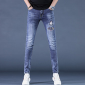 刺绣牛仔裤 蓝色男士 男款 浅色潮流修身 子 高端秋季 弹力男小脚裤 新款