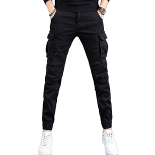 潮牌黑色工装裤男秋季修身束脚休闲裤2025年新款秋冬加绒厚哈伦裤
