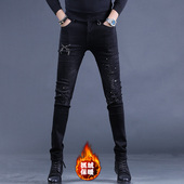2025抓绒保暖烫钻破洞牛仔裤 男士 修身 秋冬款 休闲潮牌黑色小脚裤 潮