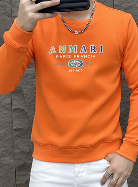 2025秋冬橙色爆款时尚百搭圆领卫衣印花潮牌修身显瘦休闲加绒上衣