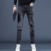 男款 黑色裤 秋季 高端破洞补丁牛仔裤 2025新款 直筒修身 子潮流男士 潮
